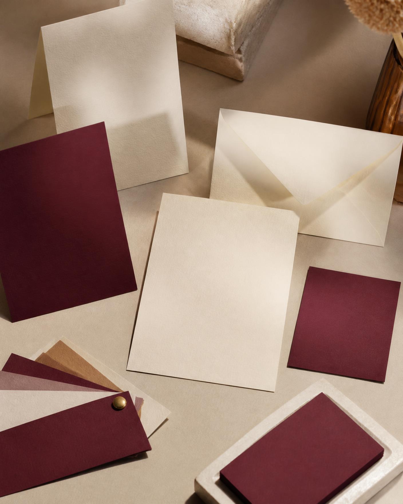 Composition de papeterie et de supports de marque bordeaux et beige